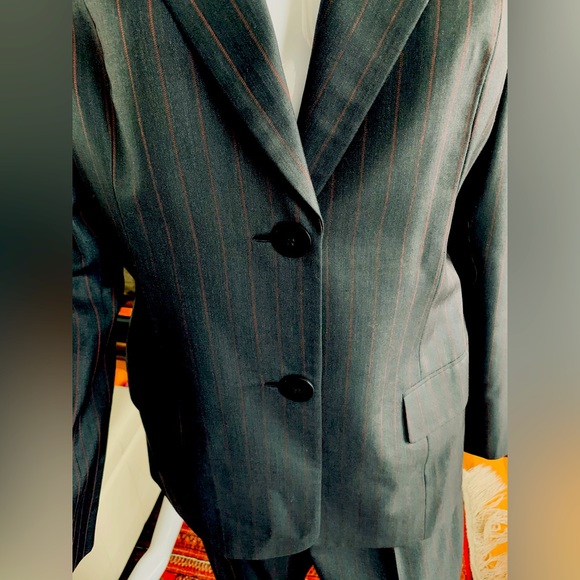 Shiny Black Double Collar Long Blazer & pants suit 100% fine wool W red stripes - Picture 4 of 16